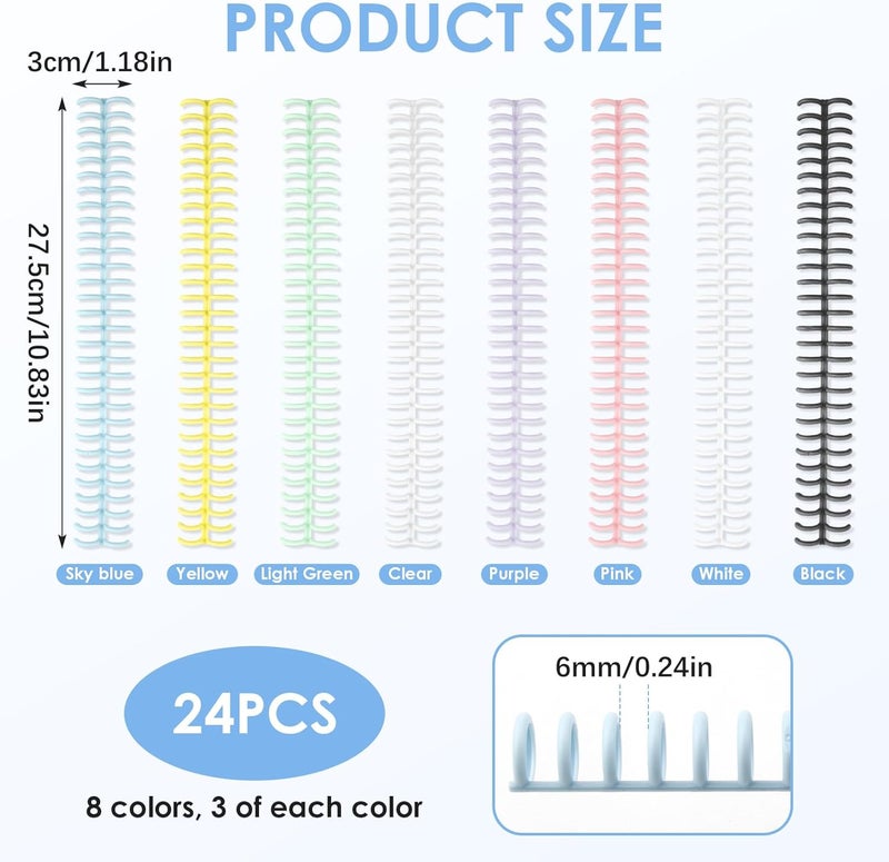 MILake 24 Pcs Comb Binding Spines, Ring Distance 0.35'' Plastic Spiral Coils for Document Binding Compatible with 30-Ring Notebooks, 8 Colors Binder Combs for Students, Office Workers, Collectors - Image 2